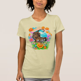Majestic Tiger in Tropical Floral Garden Retro  T Shirt