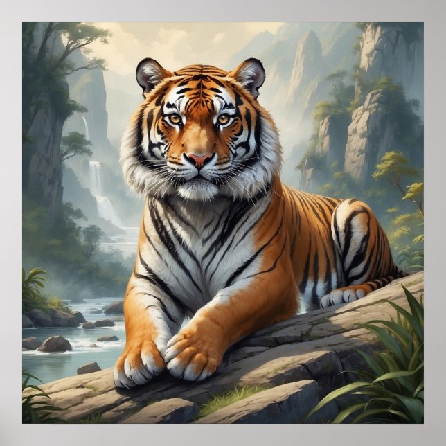 Majestic Tiger Sitta i floden Wildlife Poster (Framsidan)