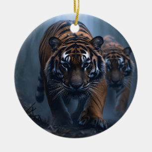 Majestic Tigers in a Foggy Jungle Julgransprydnad Keramik