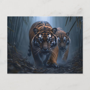 Majestic Tigers in a Foggy Jungle Vykort