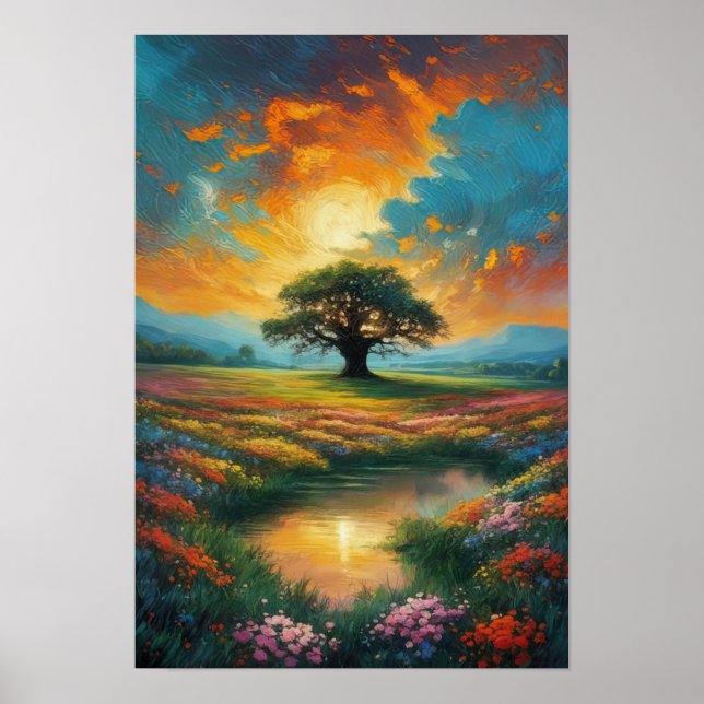 Majestic Träd i Fält i Flowers Poster (Framsidan)