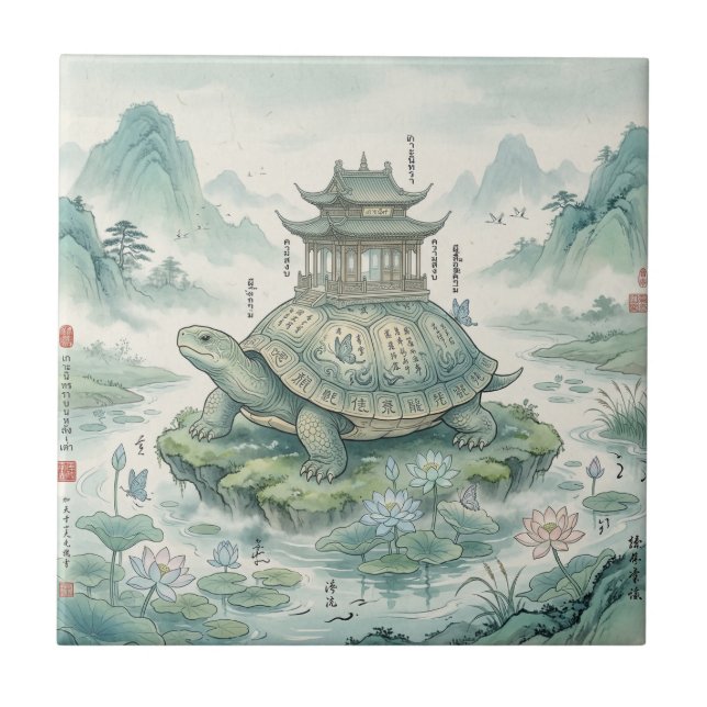 Majestic Turtle Pagoda Ink Art Kakelplatta (Framsidan)