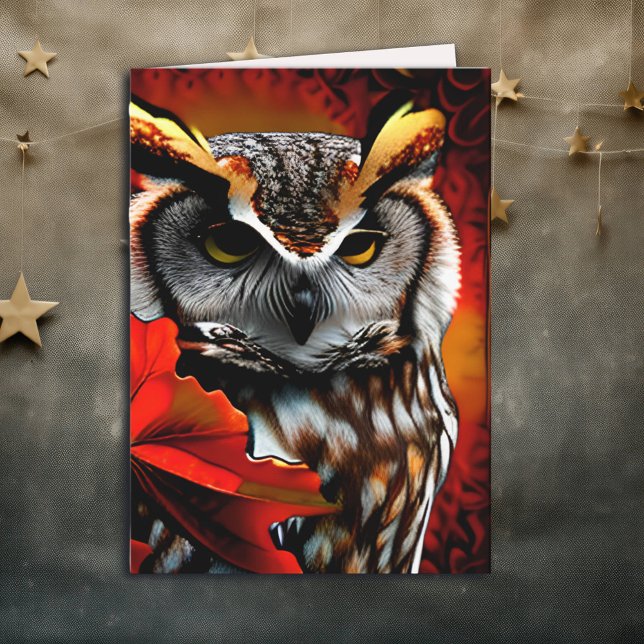 Majestic Uggla med Red Löv Ai Art Kort (Skapare uppladdad)
