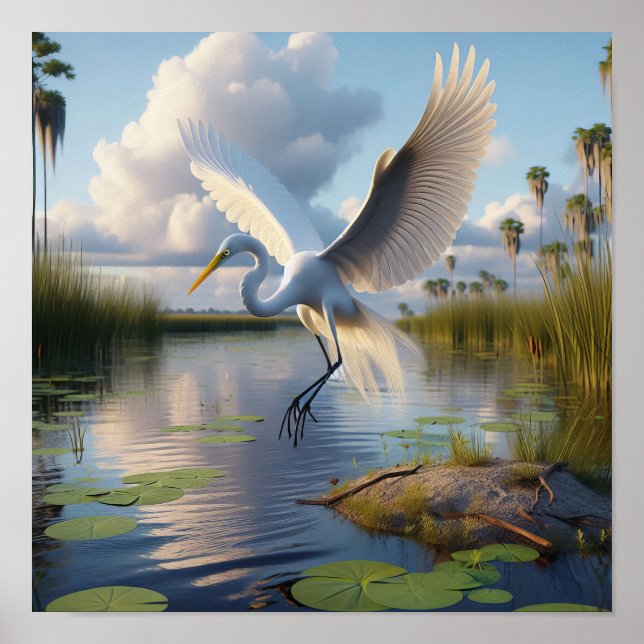Majestic Underbar Egret in Tranquil Wetlands Poster (Framsidan)