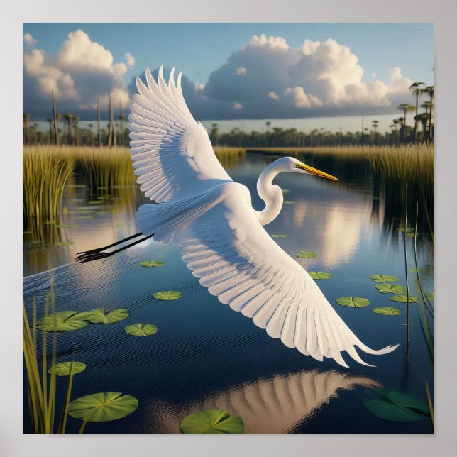 Majestic Underbar Egret in Tranquil Wetlands Poster (Framsidan)