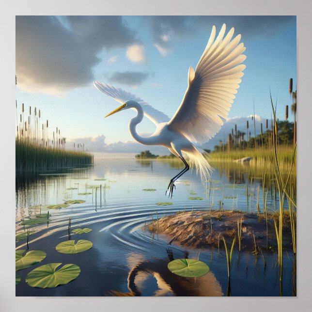 Majestic Underbar Egret in Tranquil Wetlands Poster (Framsidan)