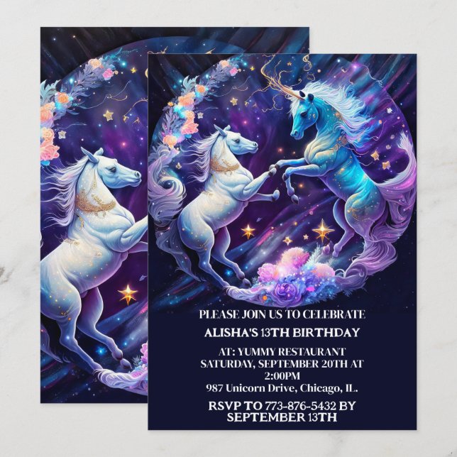 Majestic Unicorns Dancing Födelsedagsfest Inbjudningar (Fram/baksida)