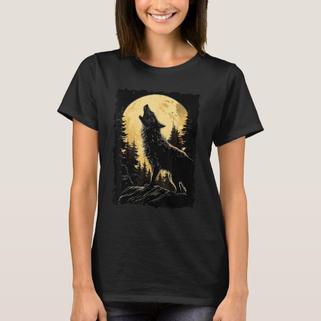 Majestic Varg Howling Full Moon Light Natt Himlar  T Shirt (Framsida)