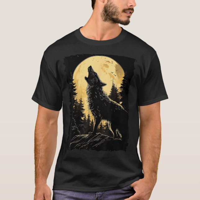 Majestic Varg Howling Full Moon Light Natt Himlar  T Shirt (Framsida)