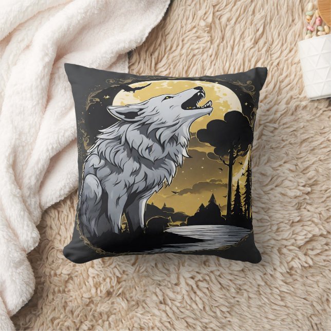 Majestic Varg Howling på Moonlight. Kudde (Filt)