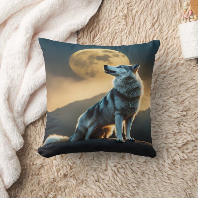 Majestic Varg Howling under hel måndag i Dusk Kudde (Filt)