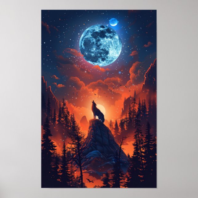 Majestic Varg Howling vid Måne Poster (Framsidan)