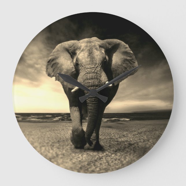 Majestic Vild Bull Elephant i Sepia Stor Klocka (Framsida)