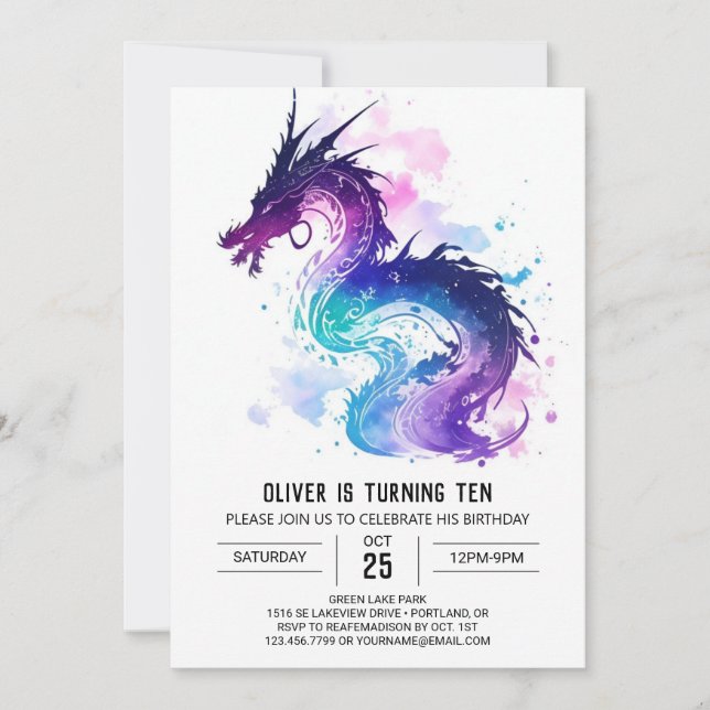 Majestic Watercolor Dragon Birthday Inbjudningar (Framsida)