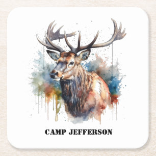 Majestic Watercolor Elk Porträtt, anpassningsbar Underlägg Papper Kvadrat