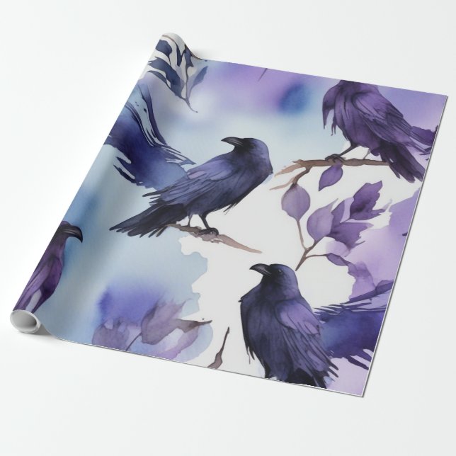 Majestic Watercolor Kråka Mönster Presentpapper (Utrullad)