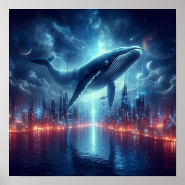 Majestic Whale Above Starlit City Skyline Poster (Framsidan)