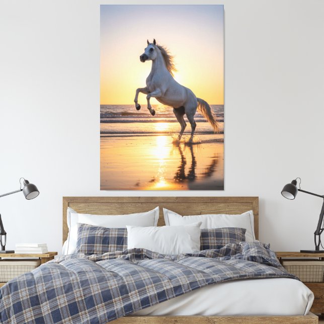 Majestic White Arabian Horse Sunset Beach Canvastryck (Insitu (sovrum))