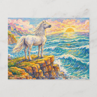 Majestic White Horse at Ocean Sunset Cliff Helg Vykort