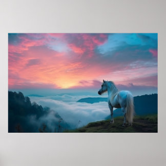 Majestic White Horse i berget vid Sunrise Poster