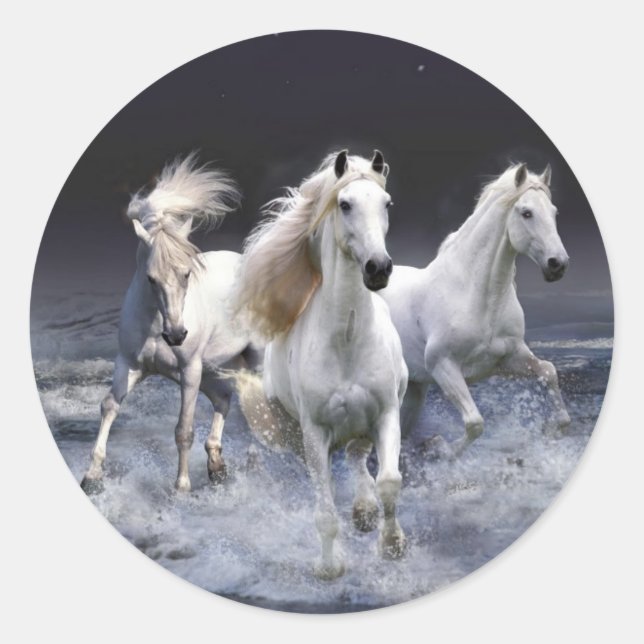 Majestic White Horses Runt Klistermärke (Framsida)