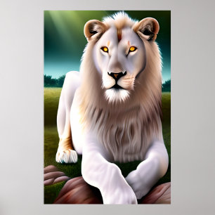 Majestic White Lejon Golden Ögon Etheral Art Poster