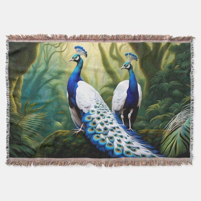 Majestic White och Blue Peacock in Forest Filt (Framsidan)