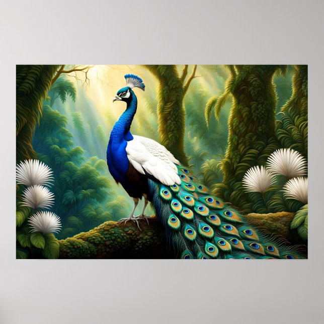 Majestic White och Blue Peacock in Forest Poster (Framsidan)