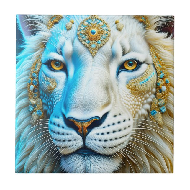 Majestic White och Guld Lejon Kakelplatta (Framsidan)