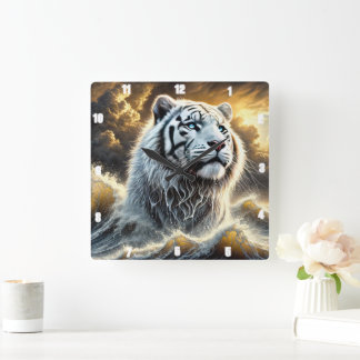 Majestic White Tiger Stormy Ocean Background Fyrkantig Klocka
