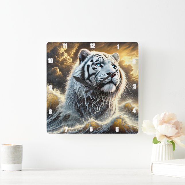 Majestic White Tiger Stormy Ocean Background Fyrkantig Klocka (Hem)