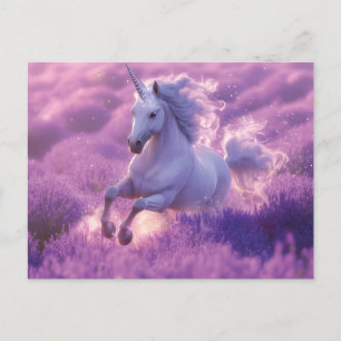 Majestic White Unicorn Galloping through Lavender Vykort