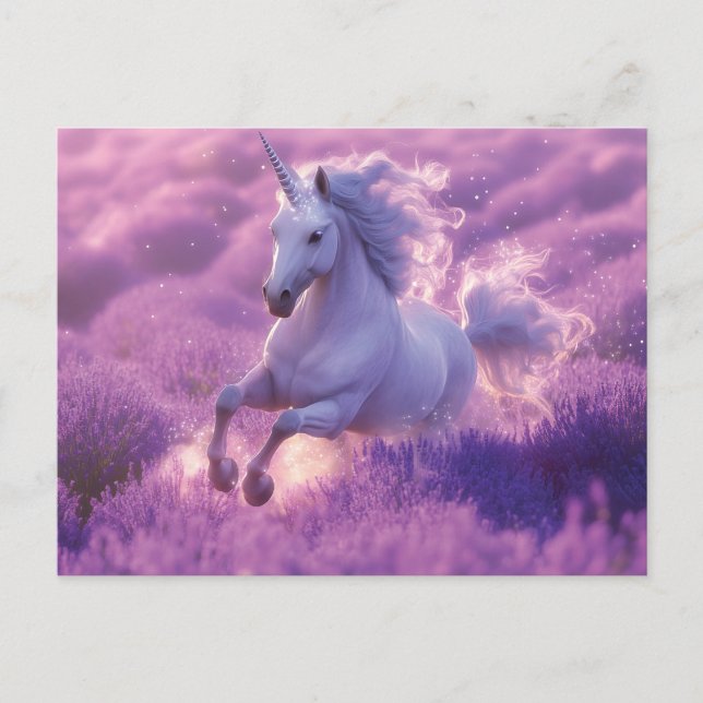 Majestic White Unicorn Galloping through Lavender Vykort (Framsida)