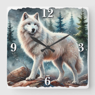 Majestic White Varg in Winter Forest Fyrkantig Klocka
