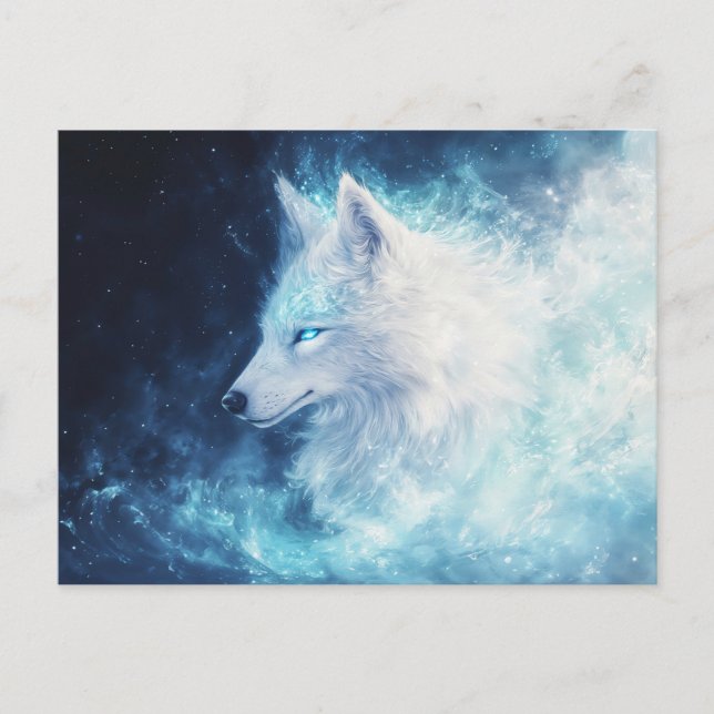 Majestic White Wolf in Luminous Blue Nebula Vykort (Framsida)