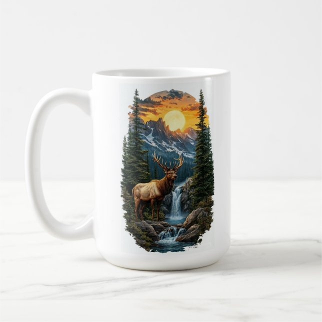 "Majestic Wilderness - Elk at Sunrise Waterfall" Kaffemugg (Vänster)