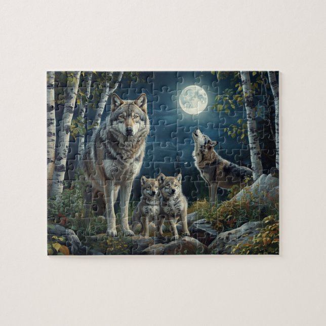 Majestic Wolf Family Full Moon Birch Forest Pussel (Horisontell)