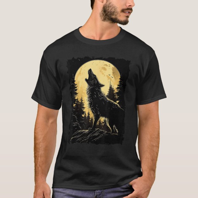 Majestic Wolf Howling Full Moon Light Night Sky Wo T Shirt (Framsida)
