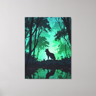 Majestic Wolf Silhouette in Mystical Green Forest  Canvastryck