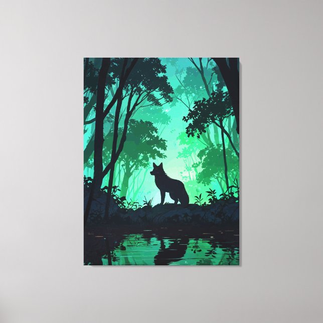 Majestic Wolf Silhouette in Mystical Green Forest  Canvastryck (Framsida)