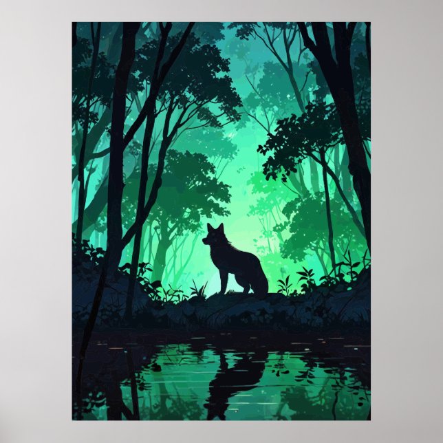 Majestic Wolf Silhouette in Mystical Green Forest  Poster (Framsidan)
