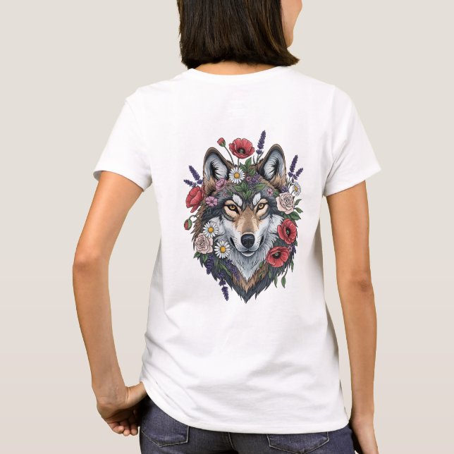 Majestic Wolf with Floral Crown - Wildlife and Nat T Shirt (Baksida)