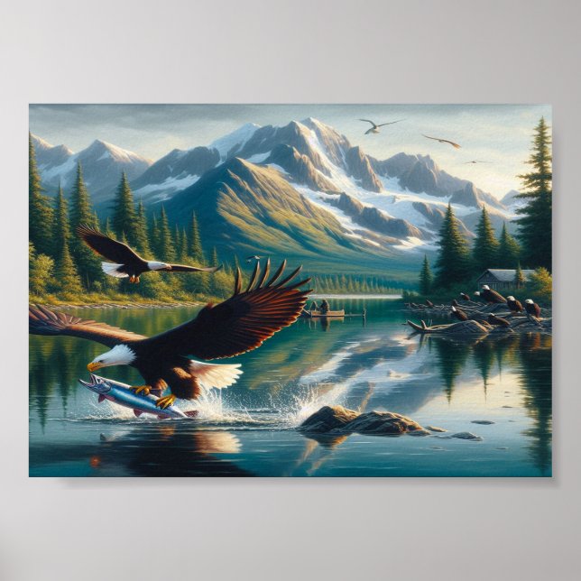 Majestisk ål som fångar fisk vid Soluppgång 7 x 5 Poster (Framsidan)