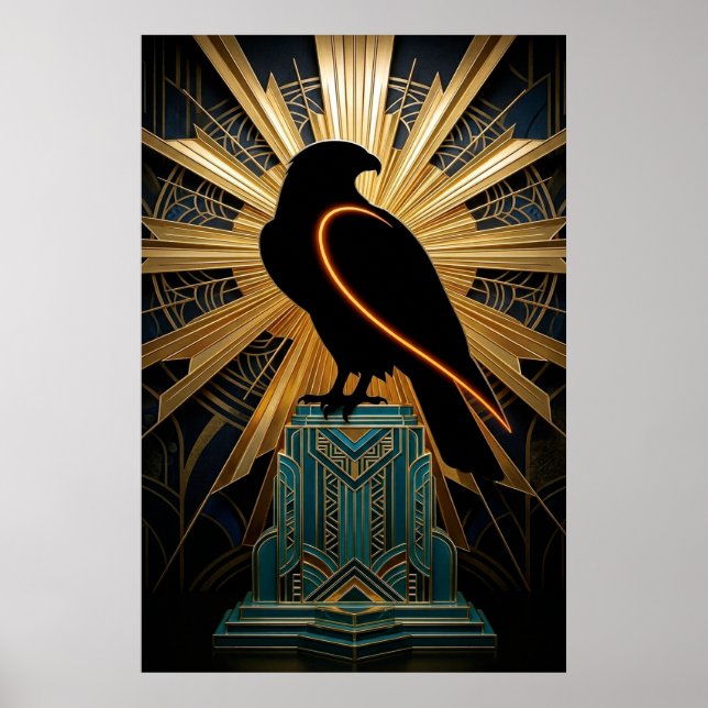 Majestisk Art Deco Fågel Silhuett Guld & Teal Poster (Framsidan)