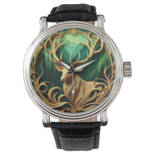 Majestisk buck som ser ut i en serenskog armbandsur