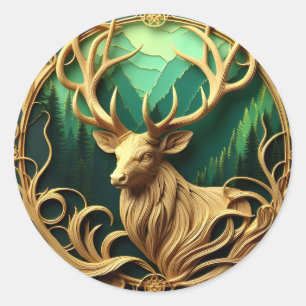 Majestisk buck som ser ut i en serenskog runt klistermärke