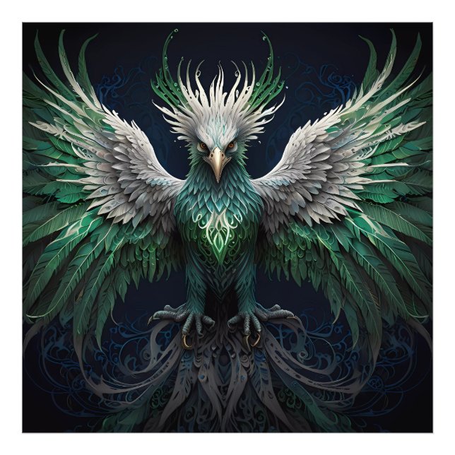 Majestisk Grönt och vit Phoenix Bird Fototryck (Framsidan)