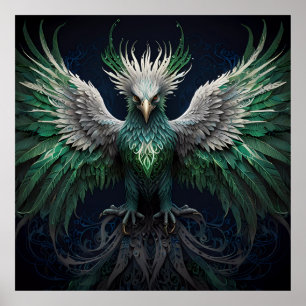 Majestisk Grönt och vit Phoenix Bird Poster