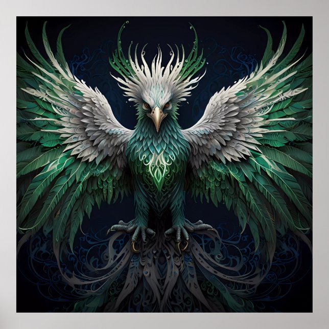 Majestisk Grönt och vit Phoenix Bird Poster (Framsidan)