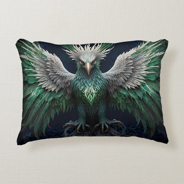 Majestisk Grönt och vit Phoenix Bird Prydnadskudde (Framsidan)